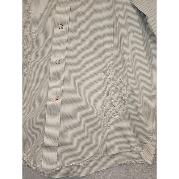 Rough Stock Panhandle Slim Pearl Snap Shirt Size M Blue Pinstripe Embroidery - Picture 4 of 9